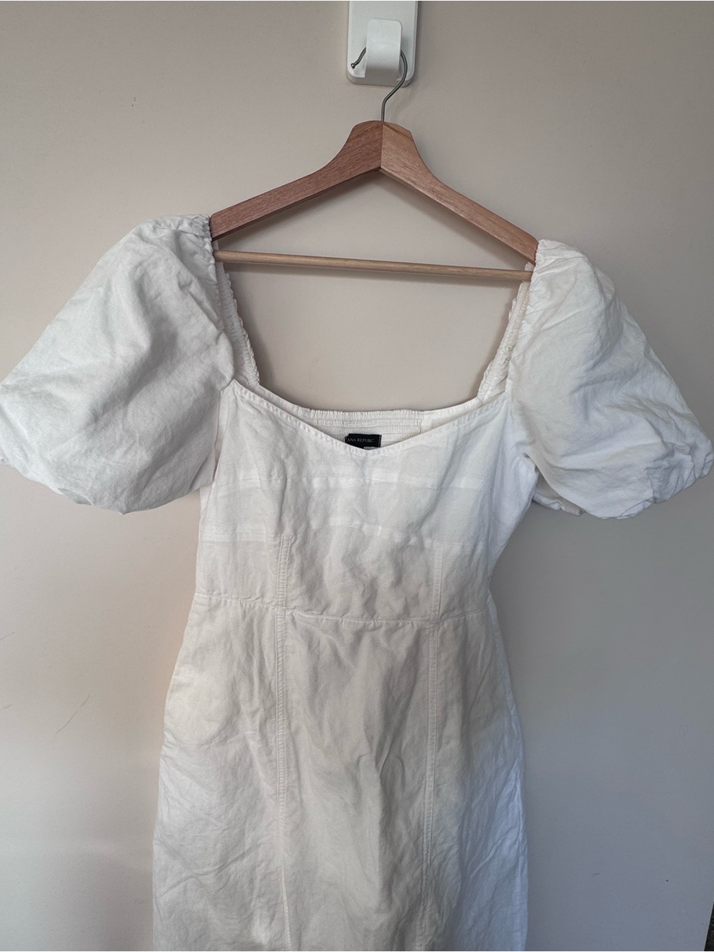 Banana Republic White Puff Sleeve Linen Cotton Midi Dress with Front Slit - Picture 3 of 8